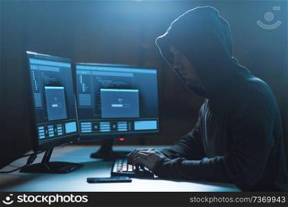 cybercrime, hacking and technology concept - male hacker with progress loading bar on computer&rsquo;s screens making cyber attack in dark room. hacker with progress loading bar on computers