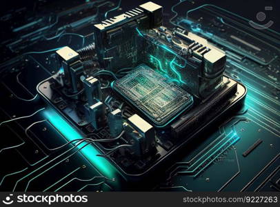 Cybernetic Motherboard With electronic circuits illustration. AI generative.