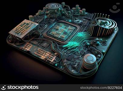 Cybernetic Motherboard With electronic circuits illustration. AI generative.