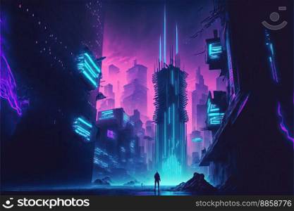 Cyberpunk 3D illustration of futuristic cityscape. City of the future at bright multicolored neon night. Neon Haze. Night urban landscape created by generative AI 