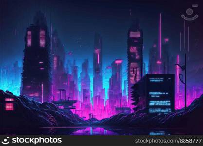 Cyberpunk 3D illustration of futuristic cityscape. City of the future at bright multicolored neon night. Neon Haze. Night urban landscape created by generative AI 