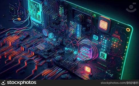 Cyberpunk intricate electronic machine with neon light. Circuit boards and wires. Generative AI.. Cyberpunk intricate electronic machine with neon light. Circuit boards and wires. Generative AI