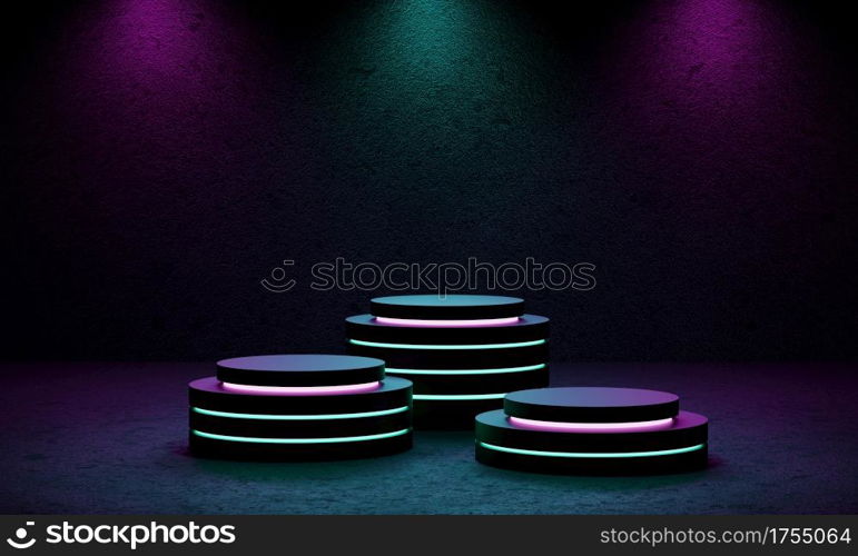 Cyberpunk product podium platform studio with blue and violet spotlight and grunge style textured background. Three stages. Retro stage and Futuristics scene concept. 3D illustration rendering graphic