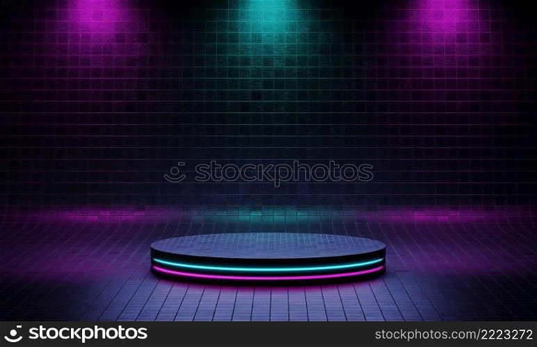 Cyberpunk product podium platform studio with blue and violet spotlight and grunge style textured background. Retro stage and Futuristics scene concept. 3D illustration rendering graphic