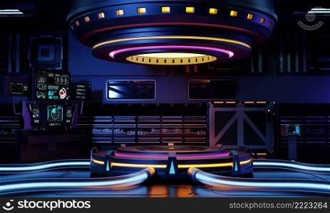 Cyberpunk sci-fi product podium showcase in spaceship with yellow blue purple and pink background. Technology and object concept. 3D illustration rendering