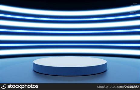 Cyberpunk sci-fi product podium showcase with blue and white neon light background. Technology and object concept. 3D illustration rendering