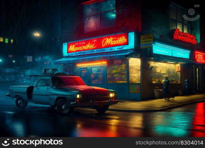 Cyberpunk styled cafe on the street corner with neon lights. Futuristic fast food restaurant with fake neon signs. Generative AI. Cyberpunk styled cafe on the street corner with neon lights. Futuristic fast food restaurant with fake neon signs. Generative AI.