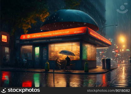 Cyberpunk styled cafe on the street corner with neon lights. Futuristic fast food restaurant with fake neon signs. Generative AI