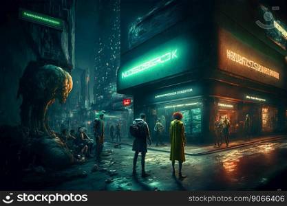Cyberpunk styled cafe on the street corner with neon lights. Futuristic fast food restaurant with fake neon signs. Generative AI. Cyberpunk styled cafe on the street corner with neon lights. Futuristic fast food restaurant with fake neon signs. Generative AI.