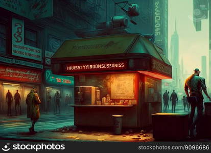 Cyberpunk styled cafe on the street corner with neon lights. Futuristic fast food restaurant with fake neon signs. Generative AI