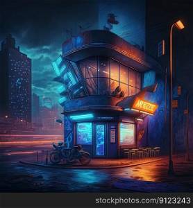 Cyberpunk styled cafe on the street corner with neon lights. Futuristic fast food restaurant with fake neon signs. Generative AI