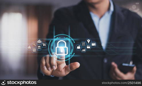 Cybersecurity and privacy concepts to protect data. Lock icon and internet network security technology. Businessman protecting personal data on smart phone with virtual screen interfaces.