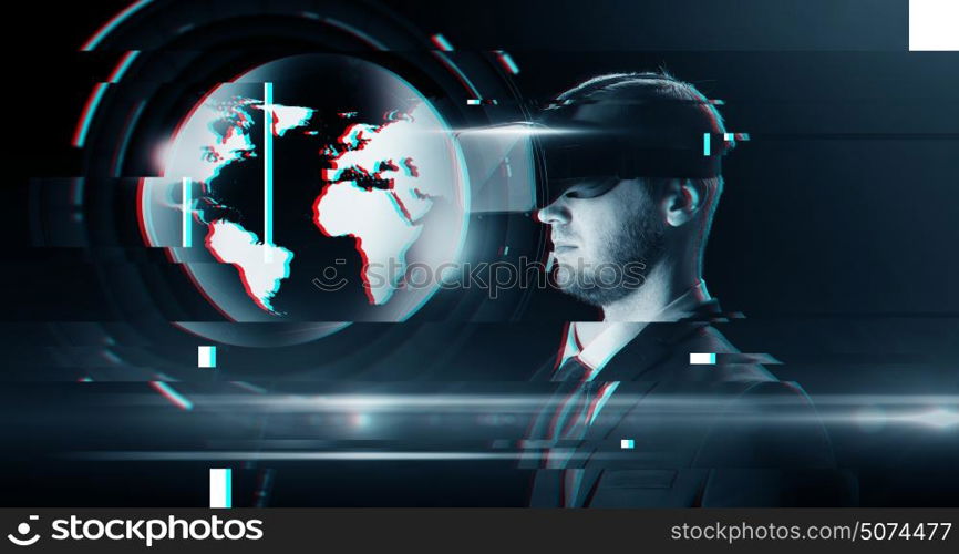 cyberspace, augmented reality, technology and people - man in virtual headset or 3d glasses looking at earth globe projection over glitch effect. man in virtual reality headset or 3d glasses