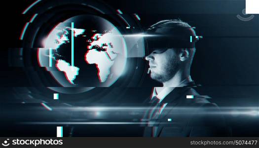 cyberspace, augmented reality, technology and people - man in virtual headset or 3d glasses looking at earth globe projection over glitch effect. man in virtual reality headset or 3d glasses