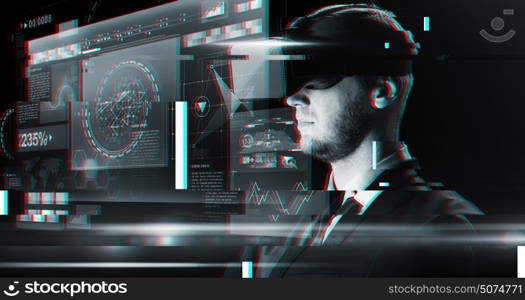 cyberspace, augmented reality, technology and people - man in virtual headset or 3d glasses looking at screens over glitch effect. man in virtual reality headset or 3d glasses