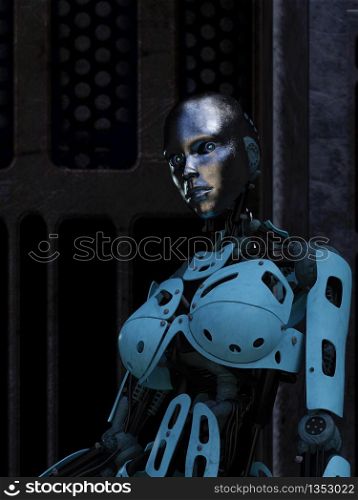 Cyborg at futuristic dark room background - 3d rendering. Futuristic Cyborg in dark room