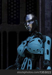 Cyborg at futuristic dark room background - 3d rendering. Futuristic Cyborg in dark room