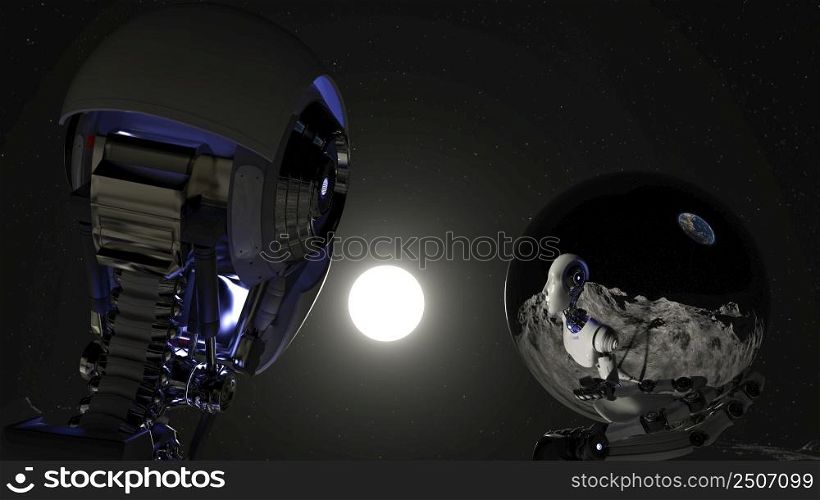 Cyborg at the spacewalk on the moon looking at the sun and holding a sphere. 3d rendering.. Cyborg at the spacewalk on the moon looking at the sun and holding a sphere.
