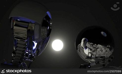 Cyborg at the spacewalk on the moon looking at the sun and holding a sphere. 3d rendering.. Cyborg at the spacewalk on the moon looking at the sun and holding a sphere.