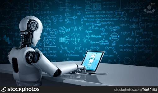 Cyborg robot using modish computer software application.. Chatbot software application for modish online business