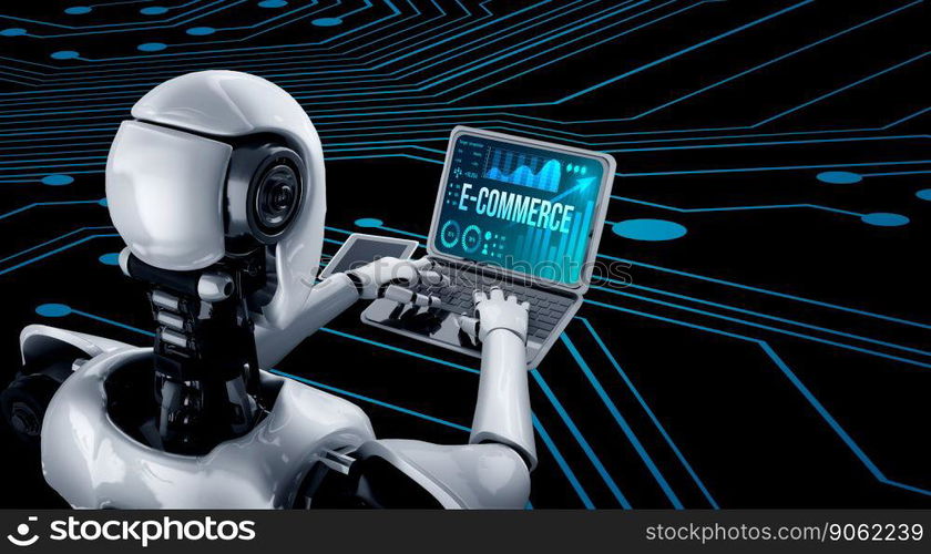 Cyborg robot using modish computer software application.. E-commerce data software provide modish dashboard for sale analysis