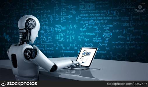 Cyborg robot using modish computer software application.. Online job search on modish website for worker to search for job opportunities