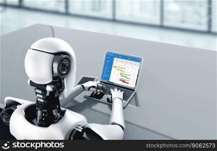 Cyborg robot using modish computer software application.. Project planning software for modish business project management