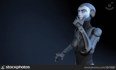 Cyborg stands in a pensive pose. 3D illustration. Cyborg in a pensive pose