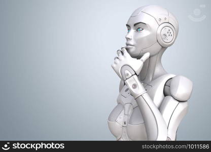 Cyborg stands in a pensive pose on bright background. 3D illustration. Cyborg stands in a pensive pose