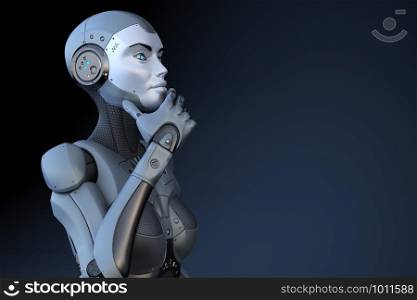 Cyborg stands in a pensive pose on dark background. 3D illustration. Cyborg stands in a pensive pose on dark background