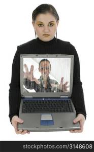 Cyborg teen girl with camera lens eyes holding laptop with cyborg woman in screen.