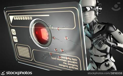 cyborg woman manipulating hologram display