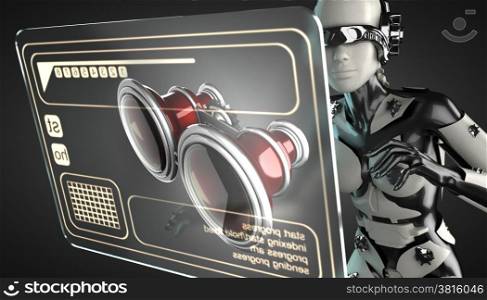 cyborg woman manipulating hologram display
