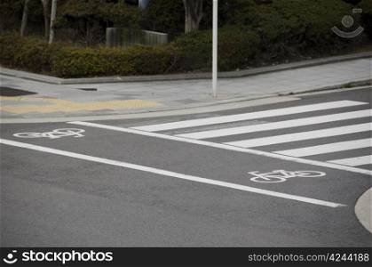 Cycle track markings in a city . Cycle track markings in a city with bike sign