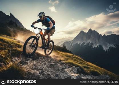 Cyclist riding bicycle on mountain trail.