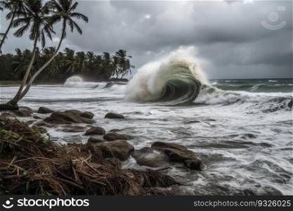 Cyclone battering Pacific island coast. Powerful force of a cyclone as it batters the coast of a Pacific Island. Generative AI.. Cyclone battering Pacific island coast. Generative AI.