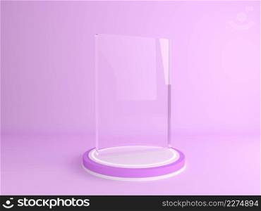 Cylinder podium display or showcase with transparent crystal mockup for product in purple background, 3d rendering