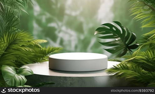 cylinder podium in green background with green plant. Marble podium. Product presentation, mock up, show cosmetic product.