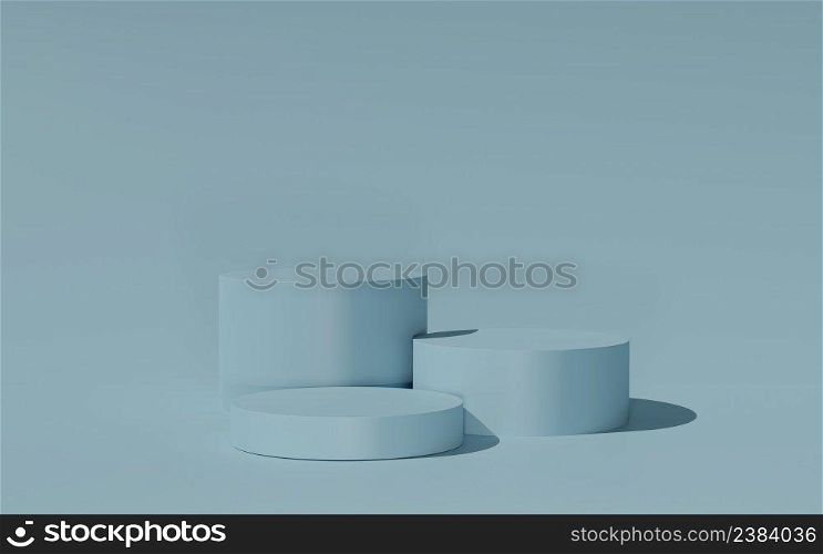 Cylinder podium on light blue background. Abstract minimal scene with geometric forms. Mock up scene to show cosmetic products presentation. 3d rendering, 3d illustration