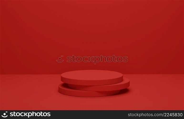 Cylinder podium on red background. Abstract minimal scene geometric platform. Shaped podium for products display. 3d render, 3d illustration.