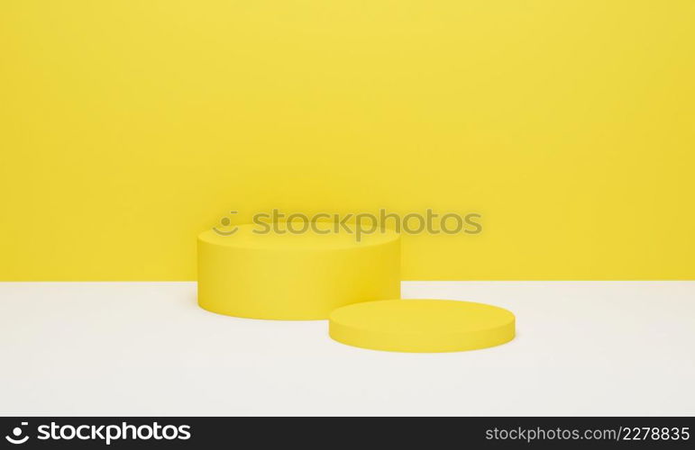 Cylinder podium on yellow background minimal scene with yellow geometric platform. Podium stand for products display. 3d render, 3d illustration.