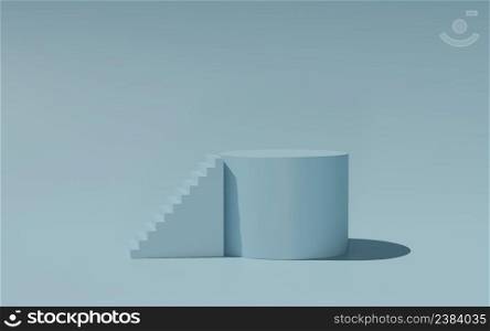 Cylinder podium with ladder on light blue background. Abstract minimal scene with geometric forms. Mock up scene to show cosmetic products presentation. 3d rendering, 3d illustration