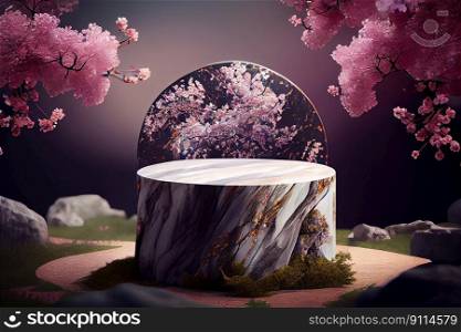 Cylinder podiums mockup with branch of gentle sakura flowers for geometric modern style for japanese style presentation cosmetic products, Generative AI
