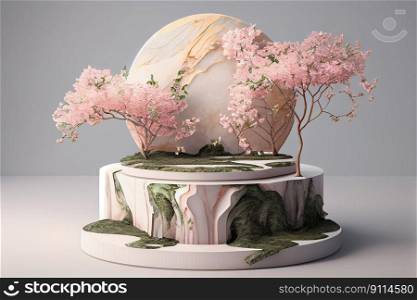 Cylinder podiums mockup with branch of gentle sakura flowers for geometric modern style for japanese style presentation cosmetic products, Generative AI