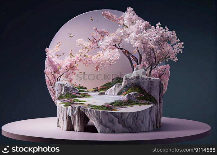 Cylinder podiums mockup with branch of gentle sakura flowers for geometric modern style for japanese style presentation cosmetic products, Generative AI