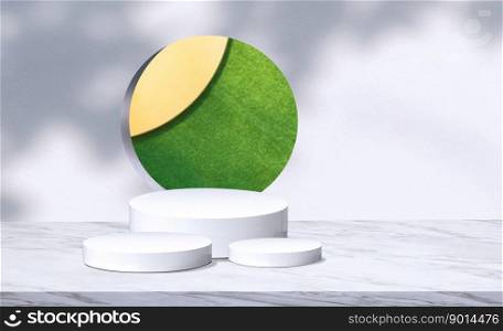 Cylinder stand Podiums on white marble Table with branch shadow on stucco circle partition and green wall decoration Background, Stage showcase Mockup for Cosmetic and Products Display Presentation