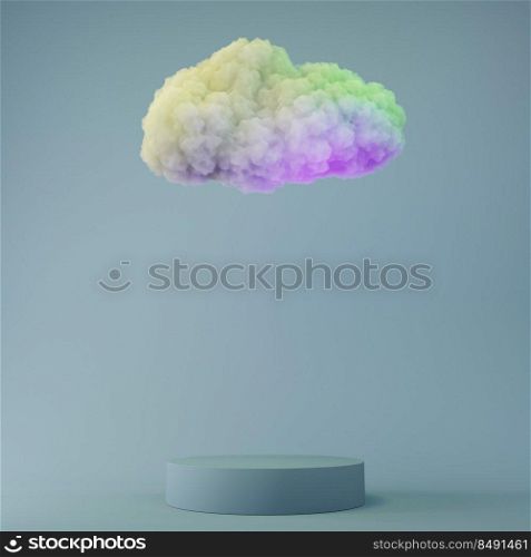 Cylindrical product display podium with colorful fluffy cotton candy cloud for cosmetic skincare presentation 3D rendering illustration 