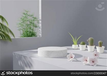 Cylindrical white marble pedestal showcase podium stage with natural fresh plants for product presentation 3D rendering illustration