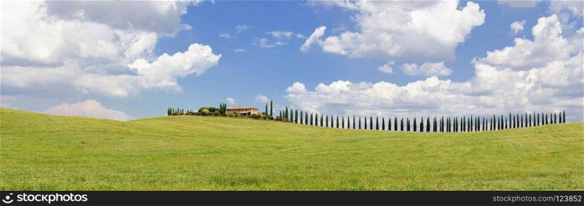 Cypress trees and meadow with typical tuscan house, Val d&rsquo;Orcia, Italy - Tuscany
