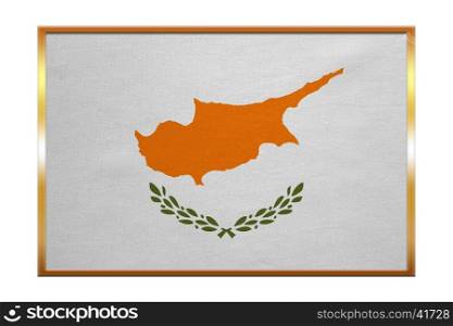 Cypriot national official flag. Patriotic symbol, banner, element, background. Correct colors. Flag of Cyprus , golden frame, fabric texture, illustration. Accurate size, color